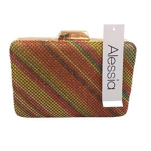 Alessia Gold & Colorful Rhinestone Clutch With Gold Chain. NEW